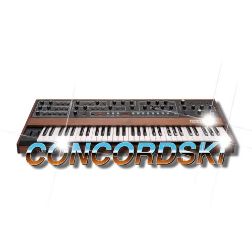 Logo Concordski avec texte chromé et en fond un synthétiseur Sequential Prophet 5